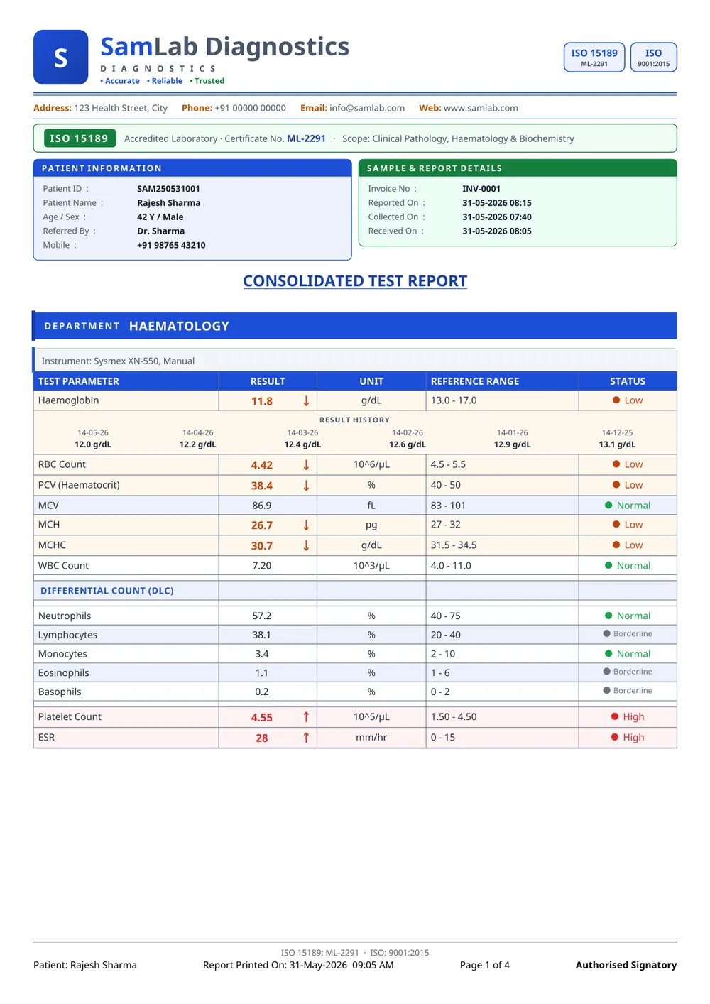 SamLab Modern report format — page 1