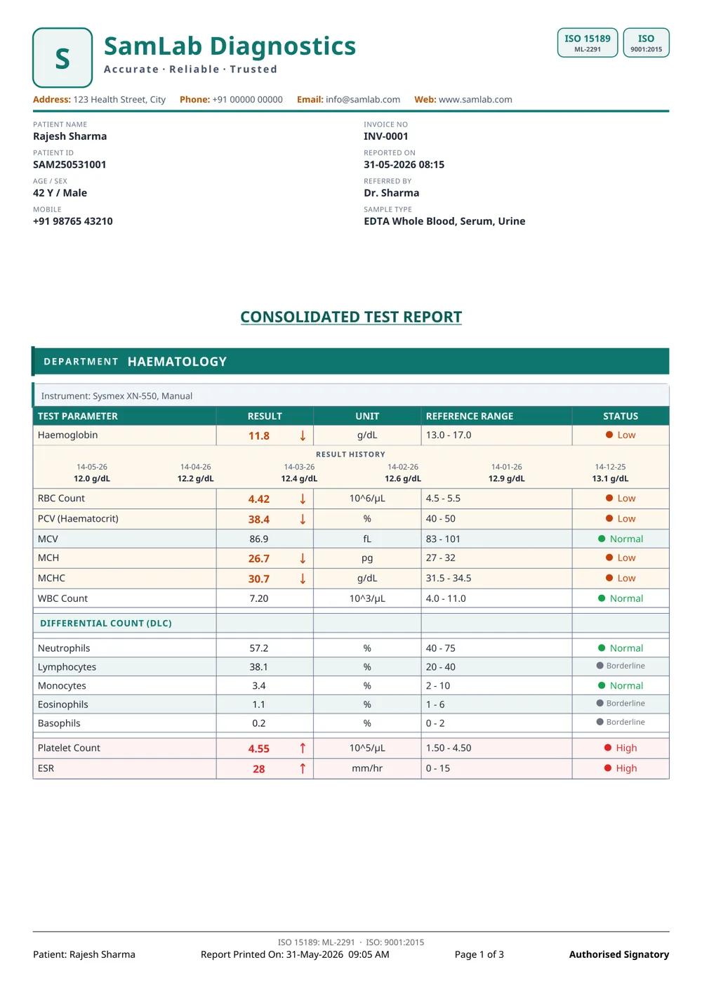 User Defined report format — page 1